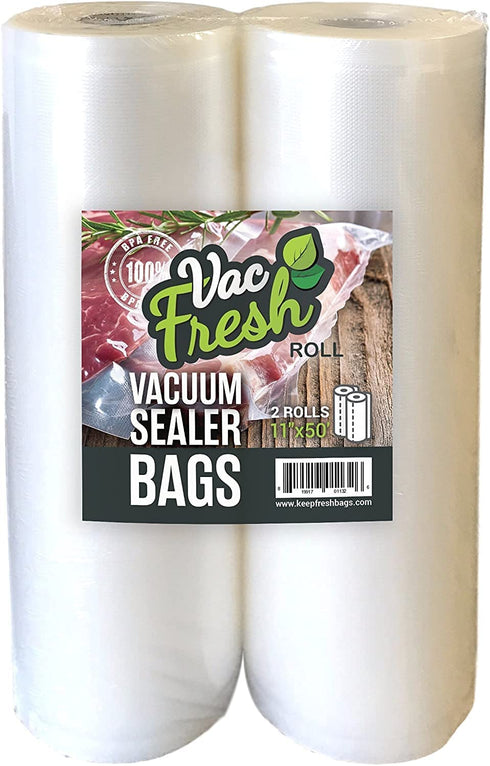 Vac Fresh Food Vacuum Sealer Rolls (11" x 50', 2 Rolls), 3.5mil Embossed Food Storage Bags, Vacuum Seal Bags for Meal Prep, Sous Vide Bags for Cooking (100 Feet)