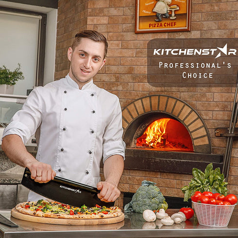 14? Black Non-Stick Pizza Cutter by KitchenStar | Sharp Stainless Steel Slicer Knife - Rocker Style w Blade Cover | Chop and Slices Perfect Portions + Dishwasher Safe Premium Pizza Oven Accessories
