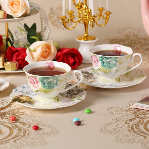 Fine Porcelain 4-Piece Cup and Saucer Set, Eileen's Red Peony, Set of Two