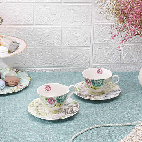 Fine Porcelain 4-Piece Cup and Saucer Set, Eileen's Red Peony, Set of Two