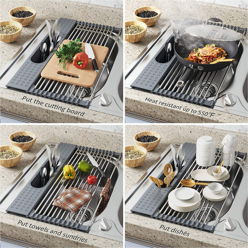 BAMEOS Roll Up Dish Drying Rack Over The Sink, 20?L x 11?W x 4.72?H Foldable Stainless Steel Dish Drying Rack with Utensil Holder & Sponge Holder for Kitchen Sink (Gray)