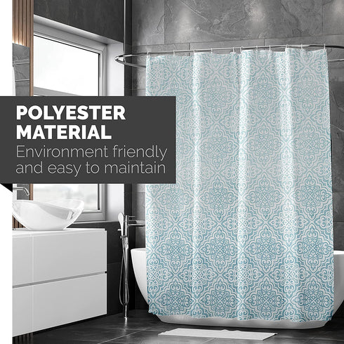 LYNXTEX Teal Blue Shower Curtain - Polyester Fabric Waterproof Weighted Hem Farmhouse Boho Shower Curtain Set with 12 Hooks for Bathroom Decor 72 X 72 Inch - Ombre Damask