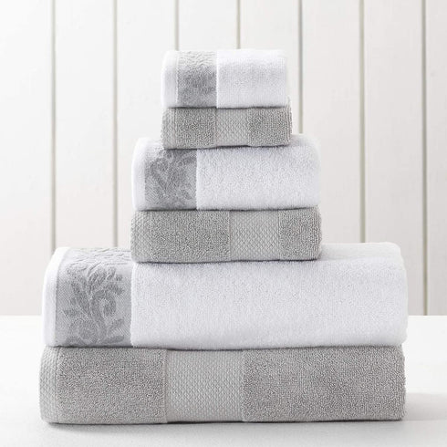Modern Threads 600 GSM 6 Piece Set, 2 Bath Towels, 2 Hand Towels, 2 Washcloths Towel Set with Filgree Jacquard Border Silver