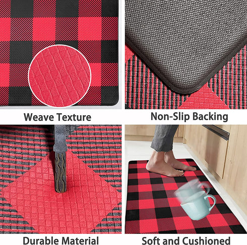 EARTHALL Kitchen Mat Cushioned Anti-Fatigue Floor Mat, 17.7"x59", Waterproof Non-Slip Red Buffalo Plaid Kitchen Rug Runner Ergonomic Comfort Standing Mat for Kitchen, Home, Office, Sink, Laundry, Desk