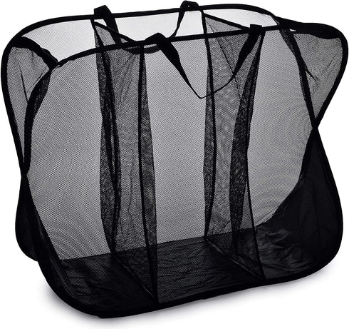 Three Compartment Popup Hamper - Durable Mesh Material, Folds for Storage, Handles to Carry Easily to The Laundry Room. Folding Pop-Up Laundry Hampers are Great for College Dorm or Travel. (Black)