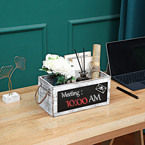 HoreZer Wood Mail Holder Box,Decorative Mail Organizer Box Countertop,Letter Holder Box for Desk with Chalkboard & Rope Handles,Rustic Desk Mail Organizer Home Office(White)