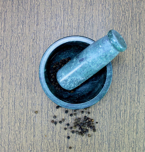KLEO 4" Diameter Natural Stone Mortar and Pestle Set as Spice Grinder, Medicine Masher - Okhli and Musal (Green Shallow)