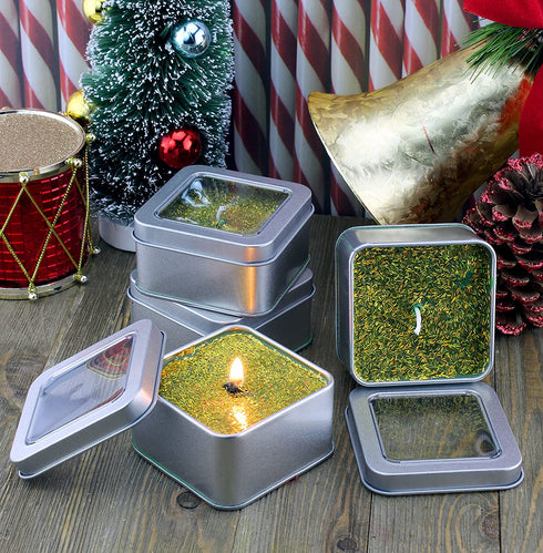 Cornucopia Square Silver Metal Tins w/View Window (12-Pack); Empty 1/2 Cup / 4-Ounce Capacity Clear Top Metal Boxes Great for Candles, Candies, Gifts, Balms & Treasures