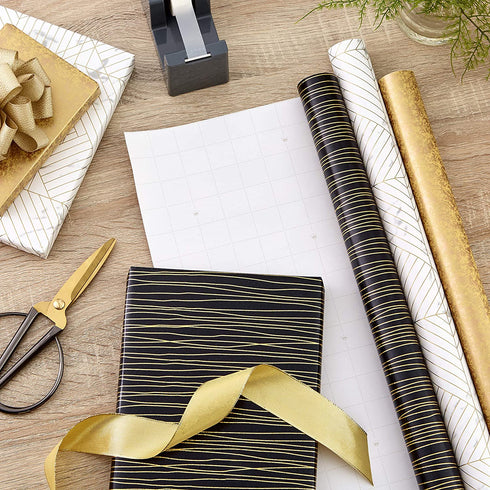 Hallmark Premium Wrapping Paper Bundle with Cut Lines on Reverse - Marble, Sparkly Black, Antiqued Marigold (3-Pack: 85 sq. ft. ttl.) for Christmas, Graduations, Birthdays, Weddings, Bridal Showers