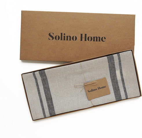 Solino Home Linen Stripe Table Runner 14 x 108 Inch, Black and Natural, European Flax 100% Pure Linen French Stripe Table Runner Handcrafted