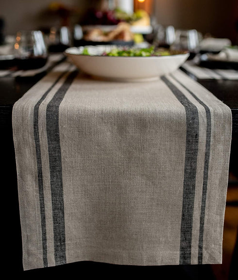 Solino Home Linen Stripe Table Runner 14 x 108 Inch, Black and Natural, European Flax 100% Pure Linen French Stripe Table Runner Handcrafted
