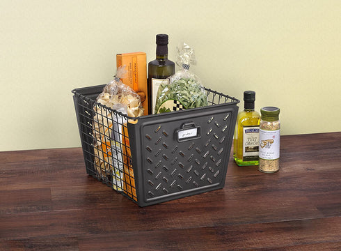 Spectrum Diversified Macklin, Stamped Steel & Wire Basket for Closet & Cubby Storage Vintage-Inspired Design with Customizable Label Plate, Large, Gray