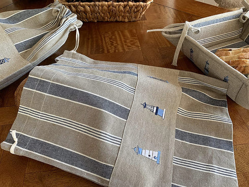 Cotton Cloth Bread Bags for Artisan Homemade Bread Reusable Food Storage - Large Drawstring Bread Bags and Bread Serving Basket - Embroidered Set of 3 (Nautical - Lighthouse)