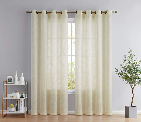 HLC.ME Abbey Faux Linen Textured Semi Sheer Privacy Sun Light Filtering Transparent Window Grommet Long Thick Curtains Drapery Panels for Bedroom & Living Room, 2 Panels (54 W x 96 L, Ivory)