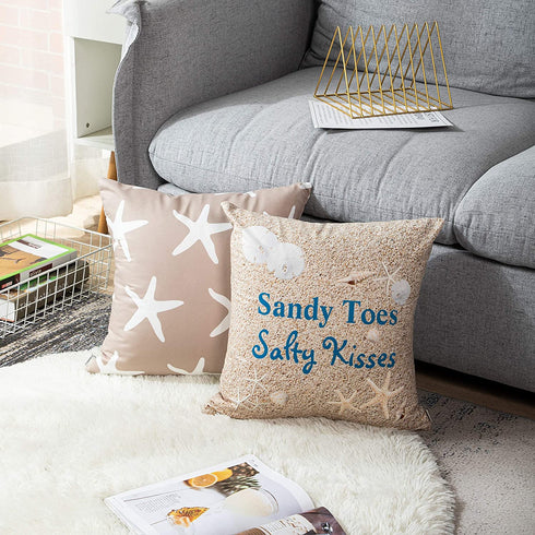 Emvency Set of 4 Throw Pillow Covers Beach Starfish Words Rules Holiday Summer Nautical Anchor Distressed Taupe Decorative Pillow Cases Home Decor Square 18x18 Inches Pillowcases