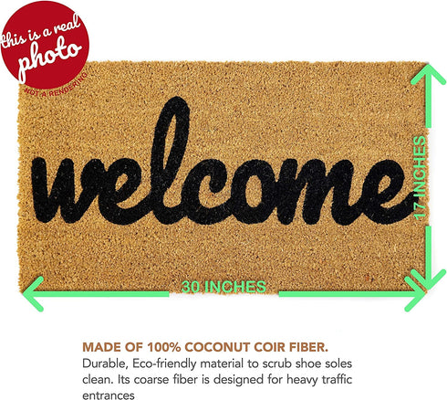 Welcome mat | Doormat for Front Door | Entryway Outdoor Floor mat | Cursive Welcome mat | Natural Coconut Coir | Brown Mat with Black Font |