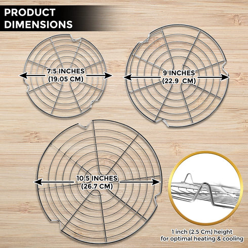 KITCHENATICS Round Cooling Racks - 100% Stainless Steel Circle Roasting Rack, Steamer Insert, Baking Rack for Round Cake Pans, Air Fryer, Instapot, Steamer Rack - Oven Safe - 7.5?, 9? & 10.5? (3 PCS)