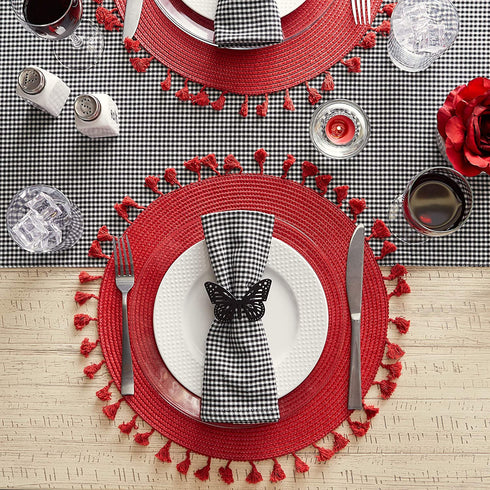 DII Woven Placemat Collection Round, 14.75" Diameter, Hot Red Tassel, 6 Piece