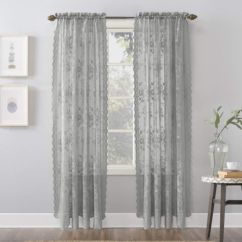 No. 918 Alison Floral Lace Sheer Rod Pocket Curtain Panel, 58" x 84", Dove Gray