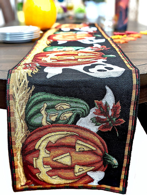 DaDa Bedding Spooky Halloween Pumpkins Tapestry Table Runner - Fall Harvest Orange Jack-o'-Lantern Ghosts Intricate Needle Stitching - Cotton Linen Woven Kitchen Dining Mats - 13" x 67"