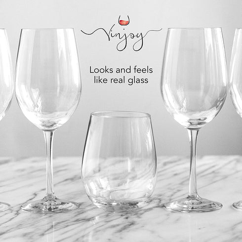 Vinjoy Unbreakable Stemless Red and White Plastic Wine Glasses 16 Ounce (Set Of 4) - Extra Durable - Reusable Shatterproof Tritan Indoor Outdoor Party Cups - Dishwasher Safe - Bar Glassware
