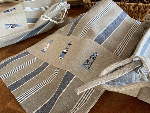Cotton Cloth Bread Bags for Artisan Homemade Bread Reusable Food Storage - Large Drawstring Bread Bags and Bread Serving Basket - Embroidered Set of 3 (Nautical - Lighthouse)