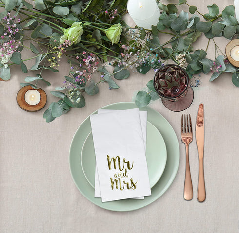100 Mr and Mrs Guest Napkins Disposable Paper Pack 3 Ply Elegant Dinner Hand Napkin with Metallic Gold Foil For Bathroom Bedroom Wedding Reception Anniversary Birthday Baby Shower Decorative Towels