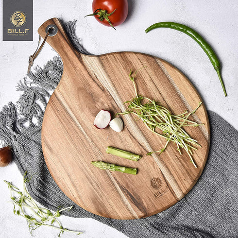BILL.F Acacia Wood Pizza Peel,12" Cutting Board, Cheese Paddle Board, Bread and Crackers Platter for Serving and Minor Food Prepare with Handle - 16 x 12 x 0.5 Inch