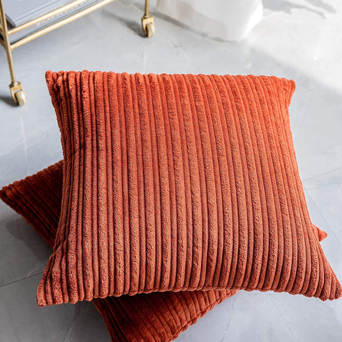 Kevin Textile Set of 2 Striped Textured Velvet Corduroy Decorative Europe Sham Throw Pillow Cushion Cover for Couch, (60x60 cm, 24inch), Burnt Brick