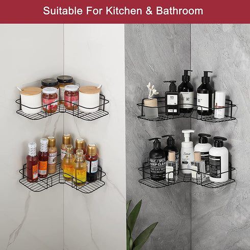 2 Pack Corner Shower Caddy, Wall Mounted No Drilling Shower Shelf with 6 Traceless Adhesive Hooks for Bathroom Kitchen Toilet, Only for 90 Degrees Right Angle, Matte Black