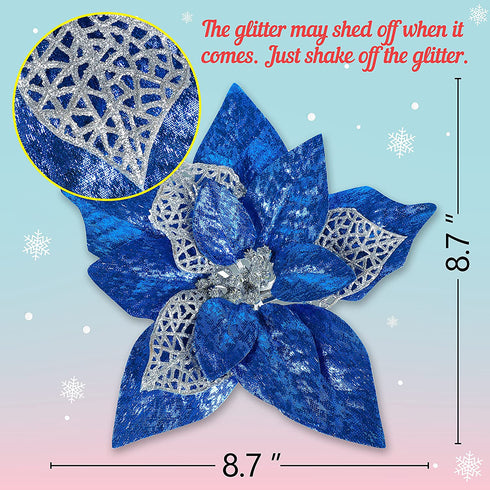 15 PCS Christmas Glitter Artificial Poinsettia Flowers Artificial Wedding Flowers Decorations Xmas Tree Ornaments with Clips (Blue)