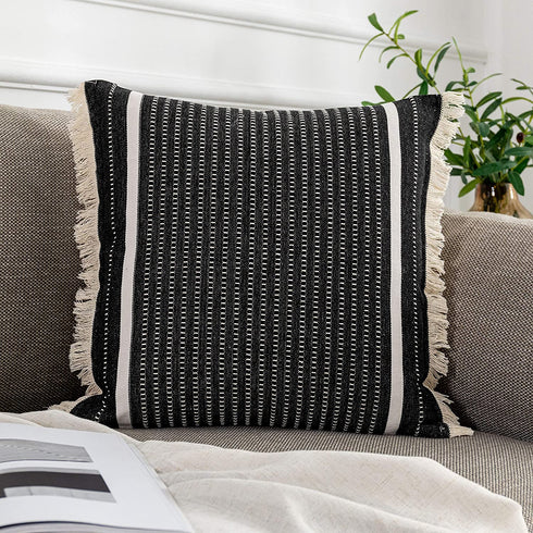 OJIA Modern Throw Pillow Cover with Tassels, Decorative Liana Fringe Accent Cushion Case, Farmhouse Woven Pillowcase for Sofa Chair Couch Bed Decor (Square 18 Inches, Black)