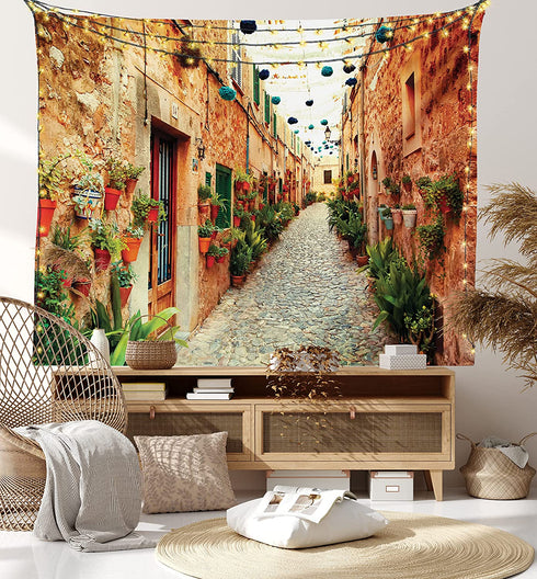 Ambesonne European Tapestry, Spanish Alley Rock Houses and Plants Latin Tourism Scene Mediterranean Print, Wide Wall Hanging for Bedroom Living Room Dorm, 60" X 40", Cream Green