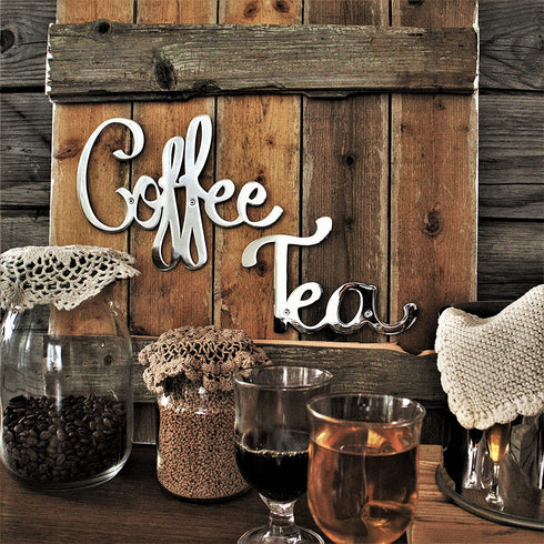 Way Of Hearts - Stainless Steel Metal Tea Sign for Kitchen Wall Decor - 7.4" x 4.9" Polished Silver Kitchen Wall Art - Decoration for Tea and Coffee Station - Including hardware set
