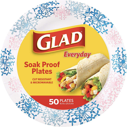 Glad Round Disposable Paper Plates for All Occasions | Soak Proof, Cut Proof, Microwaveable Heavy Duty Disposable Plates | 8.5" Diameter, 50 Count Bulk Paper Plates, Pink Hydrangea | Glad Paper Plates