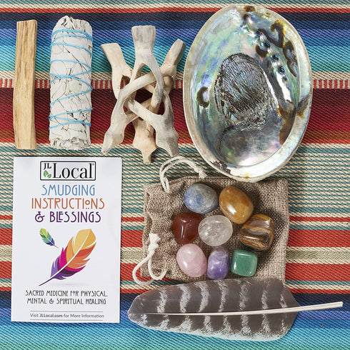 Sage Smudge Kit ~ White Sage Bundle ~ 8 Healing Chakra Stones ~ Abalone Shell & Stand ~ Smudging Feather ~ Cleanse Guide/Blessings ~ Smoke Cleansing Sage Smudge Sticks Healing Growing Manifesting