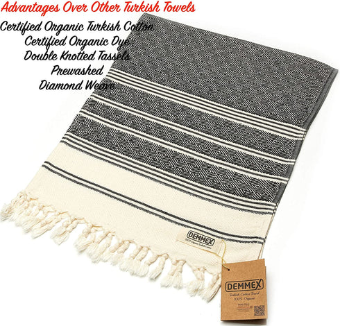 (Set of 2) DEMMEX Certified 100% Organic Cotton & Organic Dye Prewashed Diamond Weave Turkish Hand Face Gym Towel, 18x36 Inches (Black)