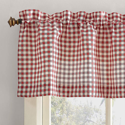 No. 918 Parkham Farmhouse Plaid Semi-Sheer Rod Pocket Kitchen Curtain Valance and Tiers Set, 54 in x 24 in (3 Piece, Red/White