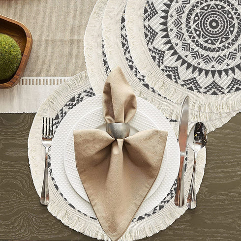 Sungea Mandala Round Placemats Set of 4, Boho Cotton Woven Macrame Tassels Table Mats Washable Heat Resistant Neutral Place Mat for Dining Room Kitchen Table Decor (13 Inches, Dark Grey)