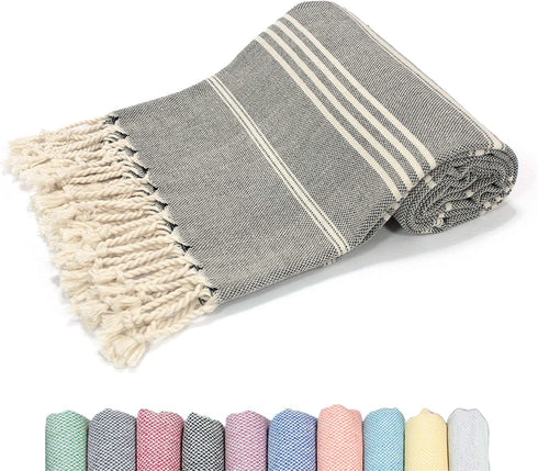GRIDAL Tabby Turkish Towel (Peshtemal) Natural & Vegan Bath Towel & Striped Beach Towel 100% Cotton - 66x38 | at: Beach, Bath, Gym, Pool, Sauna, Travel, Spa | as: Wrap, Shawl, Throw (Black)