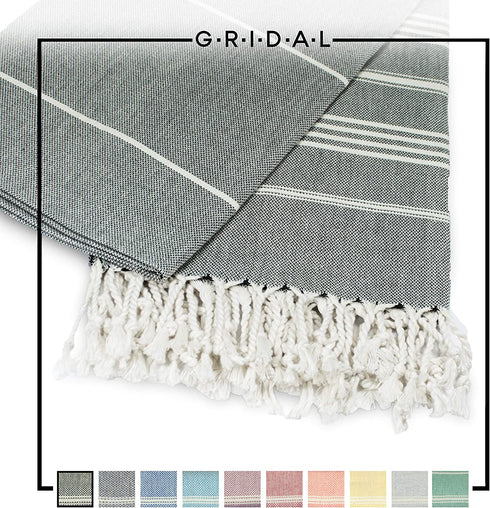 GRIDAL Tabby Turkish Towel (Peshtemal) Natural & Vegan Bath Towel & Striped Beach Towel 100% Cotton - 66x38 | at: Beach, Bath, Gym, Pool, Sauna, Travel, Spa | as: Wrap, Shawl, Throw (Black)