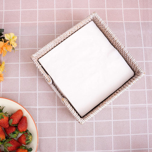 Rattan Napkin Guest Towel Holder For Kitchen 7.5 x 7.5 x 2.5 inches Square Wicker Tissue Paper Holder Caddy for Dining Table Flat Woven Boho Napkins Dispenser for Dinner (Luncheon, White Wash)