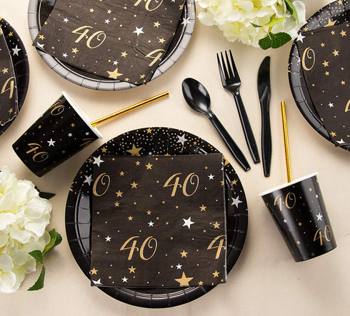 40th Birthday Party Bundle, Includes Plates, Napkins, Cups, and Cutlery (24 Guests,144 Pieces)