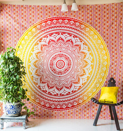 Ombre Mandala Bedspread with Pillow Covers, Indian Bohemian Tapestry Wall Hanging, Picnic Blanket or Hippie Beach Throw, Hippy Mandala Bedding for Bedroom Decor, Queen Size Sunset Hue Boho Tapestry