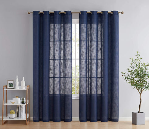 HLC.ME Abbey Faux Linen Textured Semi Sheer Privacy Sun Light Filtering Transparent Window Grommet Short Thick Curtains Drapery Panels for Bedroom & Living Room, 2 Panels (54 W x 72 L, Navy Blue)