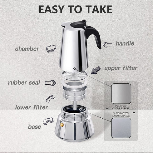 FCUS Stovetop Espresso Maker, Moka Pot, 200ml/6.5oz/4cup Percolator Italian Coffee Maker, Classic Cafe Maker, Stainless Steel, Suitable For Induction Cookers