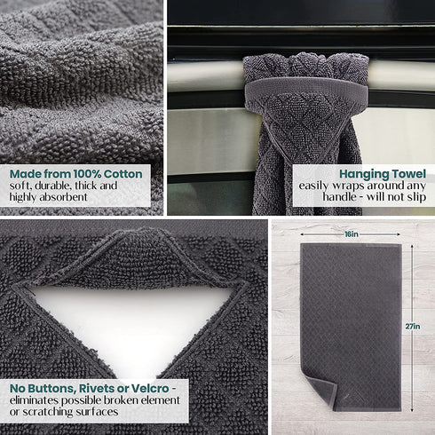 Grey Hand Towels with Hanging Loops - Gray Kitchen Towels, Hanging Kitchen Towels with Hanging Loop, Grey Dish Towels with Loops for Hanging, Oven Towel Loop Without Buttons or Snaps