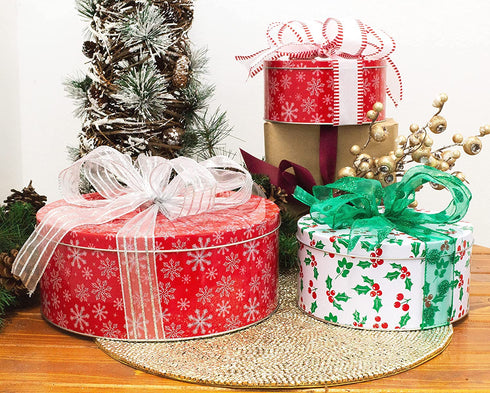 Steel Mill & Co Tin Containers with Lids, 3 Pack Christmas Cookie Tins, Festive Cookie Tins for Gift Giving & Holiday Treats, Round Metal Nesting Containers, Large Medium Small, Snowflake & Holly