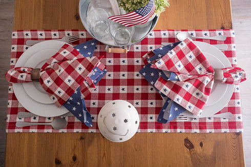 DII Patriotic Stars Check Tabletop Collection for 4th of July Entertaining, Summer Barbeques, Picnics, Indoor/Outdoor Meals, Table Runner, 14x108