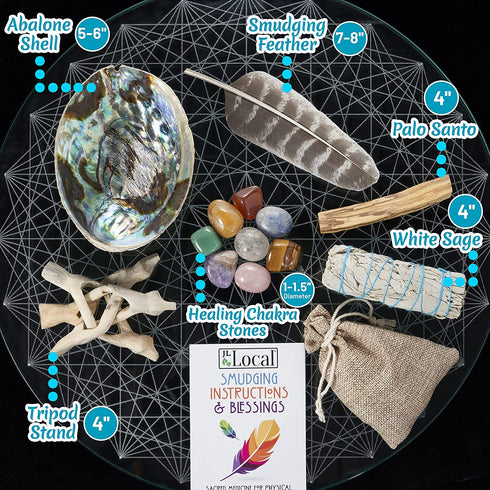 Sage Smudge Kit ~ White Sage Bundle ~ 8 Healing Chakra Stones ~ Abalone Shell & Stand ~ Smudging Feather ~ Cleanse Guide/Blessings ~ Smoke Cleansing Sage Smudge Sticks Healing Growing Manifesting